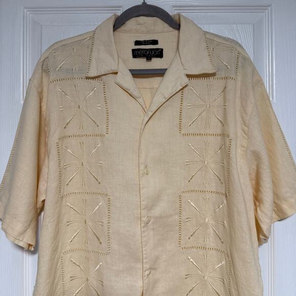 Metafuori Men's 100%Linen Light Yellow Embroidered Button Down Shirt Size Large - Picture 2 of 14